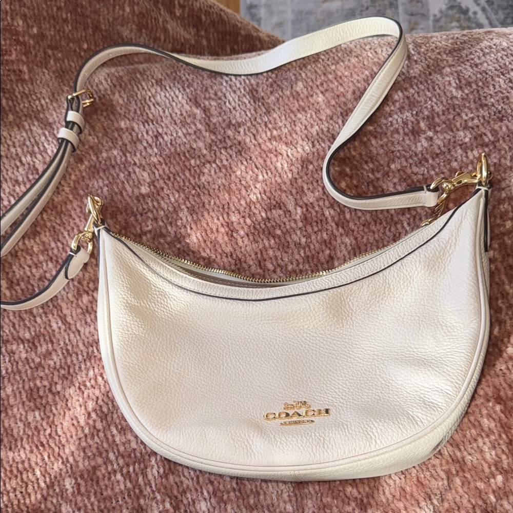 Coach Mira Pebbled Leather Crescent Shoulder Bag in Cream